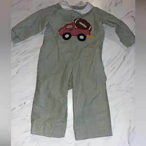 Mondays child green gingham truck football one piece Jon Jon outfit 12 mo